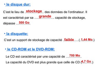 • le disque dur:
C’est le lieu de ……………… des données de l’ordinateur. Il
est caractérisé par sa ………………. capacité de stockage,
dépasse …………..
stockage
grande
• la disquette:
C’est un support de stockage de capacité ……………(………….)
faible
• le CD-ROM et le DVD-ROM:
Le CD est caractérisé par une capacité de ……………
La capacité du DVD est plus grande que celle de CD (……….)
500 Go
1,44 Mo
700 Mo
4,7 Go
 