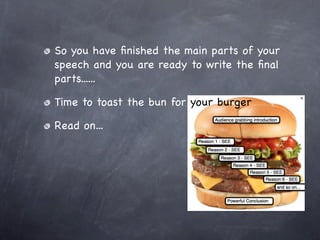 So you have ﬁnished the main parts of your
speech and you are ready to write the ﬁnal
parts......

Time to toast the bun for your burger

Read on...
 