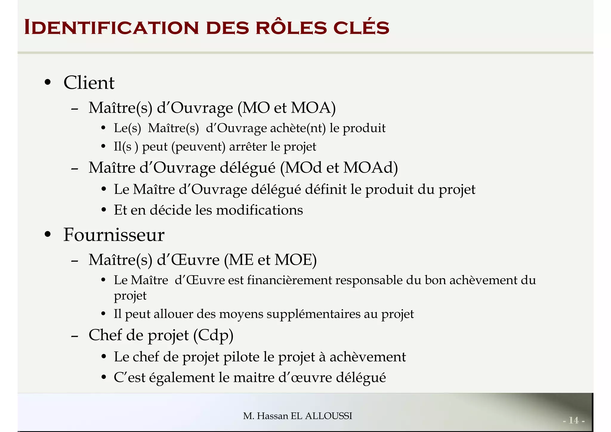 Identification des rôles clés
• Client
– Maître(s) d’Ouvrage (MO et MOA)
• Le(s) Maître(s) d’Ouvrage achète(nt) le produit
• Il(s ) peut (peuvent) arrêter le projet• Il(s ) peut (peuvent) arrêter le projet
– Maître d’Ouvrage délégué (MOd et MOAd)
• Le Maître d’Ouvrage délégué définit le produit du projet
• Et en décide les modifications
• Fournisseur
– Maître(s) d’Œuvre (ME et MOE)
• Le Maître d’Œuvre est financièrement responsable du bon achèvement du
projet
- 14 -M. Hassan EL ALLOUSSI
projet
• Il peut allouer des moyens supplémentaires au projet
– Chef de projet (Cdp)
• Le chef de projet pilote le projet à achèvement
• C’est également le maitre d’œuvre délégué
 