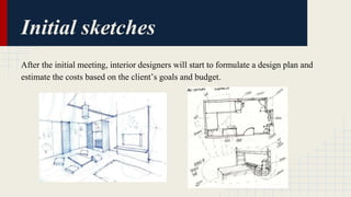 Initial sketches 
After the initial meeting, interior designers will start to formulate a design plan and 
estimate the costs based on the client’s goals and budget. 
 