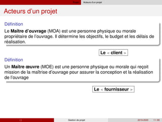 Projet Acteurs d’un projet
Acteurs d’un projet
´
Definition
Le Maı̂tre d’ouvrage (MOA) est une personne physique ou morale
´ ´ ´
´
proprietaire de l’ouvrage. Il determine les objectifs, le budget et les delais de
realisation.
´
Definition
Un Maı̂tre œuvre (MOE) est une personne physique ou morale qui reçoit
´
mission de la maı̂trise d’ouvrage pour assurer la conception et la realisation
de l’ouvrage
( ) Gestion de projet 2019-2020 11 / 85
Le  client 
Le  fournisseur 
 