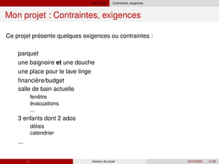 Mon Projet Contraintes, exigences
Mon projet : Contraintes, exigences
´
`
ˆ
´
´
Ce projet presente quelques exigences ou contraintes :
parquet
une baignoire et une douche
une place pour le lave linge
financiere/budget
salle de bain actuelle
fenetre
evacuations
...
3 enfants dont 2 ados
delais
calendrier
...
( ) Gestion de projet 2019-2020 4 / 85
 