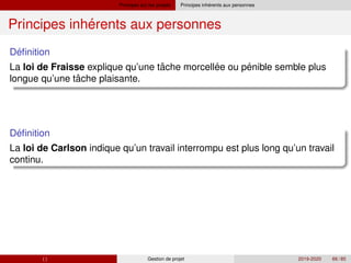 Principes sur les projets ´
Principes inherents aux personnes
´
Principes inherents aux personnes
´
Definition
ˆ ´ ´
La loi de Fraisse explique qu’une tache morcellee ou penible semble plus
ˆ
longue qu’une tache plaisante.
´
Definition
La loi de Carlson indique qu’un travail interrompu est plus long qu’un travail
continu.
( ) Gestion de projet 2019-2020 66 / 85
 