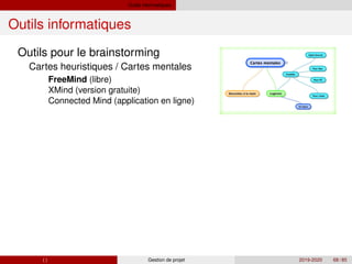 Outils informatiques
Outils informatiques
Outils pour le brainstorming
Cartes heuristiques / Cartes mentales
FreeMind (libre)
XMind (version gratuite)
Connected Mind (application en ligne)
( ) Gestion de projet 2019-2020 68 / 85
 