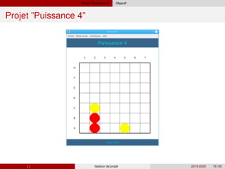 Projet ”Puissance 4” Objectif
Projet ”Puissance 4”
( ) Gestion de projet 2019-2020 76 / 85
 