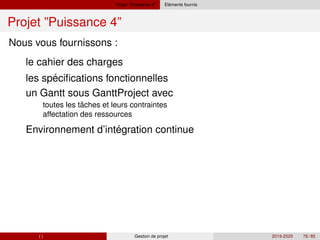 Projet ”Puissance 4” ´
Elements fournis
Projet ”Puissance 4”
´
ˆ
´
Nous vous fournissons :
le cahier des charges
les specifications fonctionnelles
un Gantt sous GanttProject avec
toutes les taches et leurs contraintes
affectation des ressources
Environnement d’integration continue
( ) Gestion de projet 2019-2020 78 / 85
 