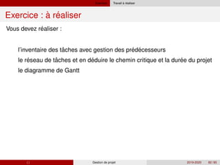 Exercice ´
Travail à realiser
´
Exercice : à realiser
´
ˆ ´ ´
´ ˆ ´ ´
Vous devez realiser :
1 l’inventaire des taches avec gestion des predecesseurs
2 le reseau de taches et en deduire le chemin critique et la duree du projet
3 le diagramme de Gantt
( ) Gestion de projet 2019-2020 82 / 85
 