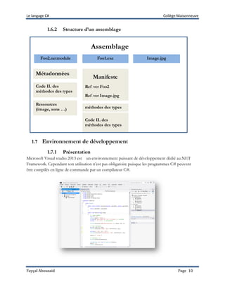 Le langage C# Collège Maisonneuve
Fayçal Abouzaid Page 10
1.6.2 Structure d’un assemblage
1.7 Environnement de développement
1.7.1 Présentation
Microsoft Visual studio 2013 est un environnement puissant de développement dédié au.NET
Framework. Cependant son utilisation n’est pas obligatoire puisque les programmes C# peuvent
être compilés en ligne de commande par un compilateur C#.
Assemblage
Foo2.netmodule
Métadonnées
de type
Code IL des
méthodes des types
Ressources
(image, sons …)
Foo1.exe Image.jpg
Manifeste
Ref ver Foo2
Ref ver Image.jpg
méthodes des types
Code IL des
méthodes des types
 