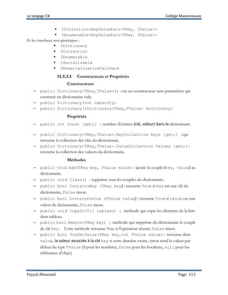 Le langage C# Collège Maisonneuve
Fayçal Abouzaid Page 113
 ICollection<KeyValuePair<TKey, TValue>>
 IEnumerable<KeyValuePair<TKey, TValue>>
Et les interfaces non-génériques :
 IDictionary
 ICollection
 IEnumerable
 ISerializable
 IDeserializationCallback
11.5.3.1 Constructeurs et Propriétés
Constructeurs
– public Dictionary<TKey,TValue>() : est un constructeur sans paramètres qui
construit un dictionnaire vide.
– public Dictionary(int capacity)
– public Dictionary(IDictionary<Tkey,TValue> dictionary)
Propriétés
– public int Count {get;} : nombre d'entrées (clé, valeur) dans le dictionnaire
– public Dictionary<TKey,TValue>.KeyCollection Keys {get;} :qui
retourne la collection des clés du dictionnaire.
– public Dictionary<TKey,TValue>.ValueCollection Values {get;}:
retourne la collection des valeurs du dictionnaire.
Méthodes
– public void Add(TKey key, TValue value) : ajoute le couple (key, value) au
dictionnaire.
– public void Clear() : supprime tous les couples du dictionnaire.
– public bool ContainsKey (TKey key) : retourne True si key est une clé du
dictionnaire, False sinon.
– public bool ContainsValue (TValue value) : retourne True si value est une
valeur du dictionnaire, False sinon.
– public void CopyTo(T[] tableau) : méthode qui copie les éléments de la liste
dans tableau.
– public bool Remove(TKey key) : méthode qui supprime du dictionnaire le couple
de clé key. Cette méthode retourne True si l'opération réussit, False sinon.
– public bool TryGetValue(TKey key,out TValue value): retourne dans
value, la valeur associée à la clé key si cette dernière existe, sinon rend la valeur par
défaut du type TValue (0 pour les nombres, false pour les booléens, null pour les
références d'objet)
 