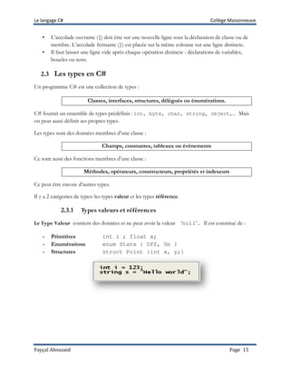 Le langage C# Collège Maisonneuve
Fayçal Abouzaid Page 15
• L’accolade ouvrante ({) doit être sur une nouvelle ligne sous la déclaration de classe ou de
membre. L’accolade fermante (}) est placée sur la même colonne sur une ligne distincte.
• Il faut laisser une ligne vide après chaque opération distincte : déclarations de variables,
boucles ou tests.
2.3 Les types en C#
Un programme C# est une collection de types :
Classes, interfaces, structures, délégués ou énumérations.
C# fournit un ensemble de types prédéfinis : int, byte, char, string, object,… Mais
on peut aussi définir ses propres types.
Les types sont des données membres d’une classe :
Champs, constantes, tableaux ou évènements
Ce sont aussi des fonctions membres d’une classe :
Méthodes, opérateurs, constructeurs, propriétés et indexeurs
Ce peut être encore d’autres types.
Il y a 2 catégories de types: les types valeur et les types référence.
2.3.1 Types valeurs et références
Le Type Valeur contient des données et ne peut avoir la valeur ‘null’. Il est constitué de :
- Primitives int i ; float x;
- Enumérations enum State { Off, On }
- Structures struct Point {int x, y;}
 