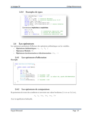 Le langage C# Collège Maisonneuve
Fayçal Abouzaid Page 19
2.3.5 Exemples de types
2.4 Les opérateurs
Les opérateurs permettent d’effectuer des opérations arithmétiques sur les variables.
- Opérateurs Arithmétiques : +, –, *, /
- Opérateur Modulo : %
- Opérateurs incrémentation et décrémentation : ++, ––
2.4.1 Les opérateurs d’affectation
Exemple
2.4.2 Les opérateurs de comparaison
Ils permettent de tester des conditions et renvoient une valeur booléenne (true ou false).
<, >, <=, >=, ==, !=
Avec la signification habituelle.
 