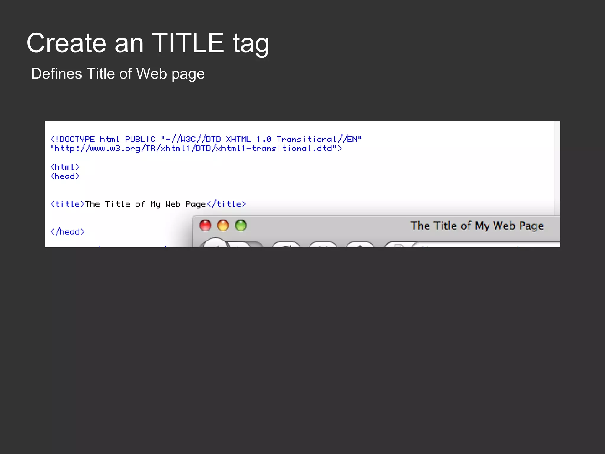 Create an TITLE tag Defines Title of Web page 