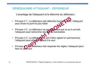 DÉSÉQUILIBRE ATTAQUANT - DÉFENSEUR
• Principe n°1 : Le défenseur doit défendre tous les points; l’attaquant
peut choisir le point le plus faible
• Principe n°2 : Le défenseur ne peut défendre que ce qu’il connaît;
l’attaquant peut rechercher des points vulnérables
• Principe n°3 : Le défenseur se doit d’être vigilant en permanence;
l’attaquant peut attaquer quand il le veut
• Principe n°4 : Le défenseur doit respecter les règles; l’attaquant peut
faire ce qu’il veut
L’avantage de l’attaquant et le dilemme du défenseur :
1919 PRONETIS©2016 - Philippe Prestigiacomo - Droits d'utilisation ou de reproduction réservés
 