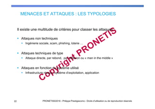 MENACES ET ATTAQUES : LES TYPOLOGIES
Il existe une multitude de critères pour classer les attaques :
Attaques non techniques
Ingénierie sociale, scam, phishing, loterie …
Attaques techniques de type
Attaque directe, par rebond, par réflexion ou « man in the middle »
Attaques en fonction du système utilisé
Infrastructure réseau, système d’exploitation, application
2222 PRONETIS©2016 - Philippe Prestigiacomo - Droits d'utilisation ou de reproduction réservés
 