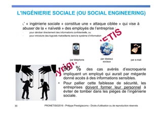L'INGÉNIERIE SOCIALE (OU SOCIAL ENGINEERING)
• 90 % des cas avérés d’escroquerie
impliquent un employé qui aurait par mégarde
donné accès à des informations sensibles.
• Pour pallier cette faiblesse de sécurité, les
entreprises doivent former leur personnel à
éviter de tomber dans les pièges de l’ingénierie
sociale.
• L’ « ingénierie sociale » constitue une « attaque ciblée » qui vise à
abuser de la « naïveté » des employés de l’entreprise :
• pour dérober directement des informations confidentielle, ou
• pour introduire des logiciels malveillants dans le système d’information
3030 PRONETIS©2016 - Philippe Prestigiacomo - Droits d'utilisation ou de reproduction réservés
 