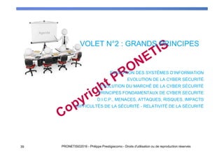 VOLET N°2 : GRANDS PRINCIPES
39 PRONETIS©2016 - Philippe Prestigiacomo - Droits d'utilisation ou de reproduction réservés
EVOLUTION DES SYSTÈMES D’INFORMATION
EVOLUTION DE LA CYBER SÉCURITÉ
EVOLUTION DU MARCHÉ DE LA CYBER SÉCURITÉ
PRINCIPES FONDAMENTAUX DE CYBER SECURITE
D.I.C.P., MENACES, ATTAQUES, RISQUES, IMPACTS
DIFFICULTÉS DE LA SÉCURITÉ - RELATIVITÉ DE LA SÉCURITÉ
 