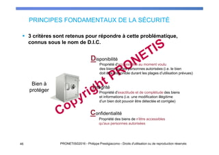 PRINCIPES FONDAMENTAUX DE LA SÉCURITÉ
46 PRONETIS©2016 - Philippe Prestigiacomo - Droits d'utilisation ou de reproduction réservés
3 critères sont retenus pour répondre à cette problématique,
connus sous le nom de D.I.C.
Disponibilité
Intégrité
Confidentialité
Bien à
protéger
Propriété d'accessibilité au moment voulu
des biens par les personnes autorisées (i.e. le bien
doit être disponible durant les plages d’utilisation prévues)
Propriété d'exactitude et de complétude des biens
et informations (i.e. une modification illégitime
d’un bien doit pouvoir être détectée et corrigée)
Propriété des biens de n'être accessibles
qu'aux personnes autorisées
 