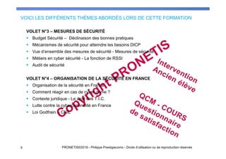 VOLET N°3 – MESURES DE SÉCURITÉ
Budget Sécurité – Déclinaison des bonnes pratiques
Mécanismes de sécurité pour atteindre les besoins DICP
Vue d’ensemble des mesures de sécurité - Mesures de sécurité
Métiers en cyber sécurité - La fonction de RSSI
Audit de sécurité
VOLET N°4 – ORGANISATION DE LA SÉCURITÉ EN FRANCE
Organisation de la sécurité en France
Comment réagir en cas de cyber crime ?
Contexte juridique - Le droit des T.I.C.
Lutte contre la cybercriminalité en France
Loi Godfrain - CNIL
VOICI LES DIFFÉRENTS THÈMES ABORDÉS LORS DE CETTE FORMATION
5 PRONETIS©2016 - Philippe Prestigiacomo - Droits d'utilisation ou de reproduction réservés
 
