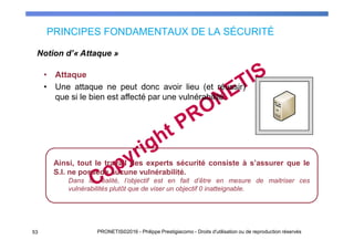 PRINCIPES FONDAMENTAUX DE LA SÉCURITÉ
53 PRONETIS©2016 - Philippe Prestigiacomo - Droits d'utilisation ou de reproduction réservés
• Attaque
• Une attaque ne peut donc avoir lieu (et réussir)
que si le bien est affecté par une vulnérabilité.
Notion d’« Attaque »
Ainsi, tout le travail des experts sécurité consiste à s’assurer que le
S.I. ne possède aucune vulnérabilité.
Dans la réalité, l’objectif est en fait d’être en mesure de maitriser ces
vulnérabilités plutôt que de viser un objectif 0 inatteignable.
 