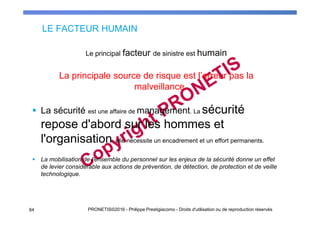 LE FACTEUR HUMAIN
Le principal facteur de sinistre est humain
La principale source de risque est l’erreur pas la
malveillance.
La sécurité est une affaire de management. La sécurité
repose d'abord sur les hommes et
l'organisation, elle nécessite un encadrement et un effort permanents.
La mobilisation de l'ensemble du personnel sur les enjeux de la sécurité donne un effet
de levier considérable aux actions de prévention, de détection, de protection et de veille
technologique.
La sécurité est l’affaire de tous.
64 PRONETIS©2016 - Philippe Prestigiacomo - Droits d'utilisation ou de reproduction réservés
 