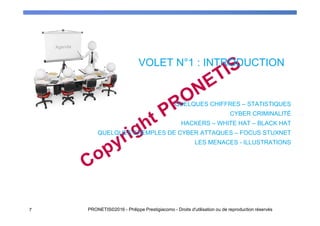 VOLET N°1 : INTRODUCTION
7 PRONETIS©2016 - Philippe Prestigiacomo - Droits d'utilisation ou de reproduction réservés
QUELQUES CHIFFRES – STATISTIQUES
CYBER CRIMINALITÉ
HACKERS – WHITE HAT – BLACK HAT
QUELQUES EXEMPLES DE CYBER ATTAQUES – FOCUS STUXNET
LES MENACES - ILLUSTRATIONS
 