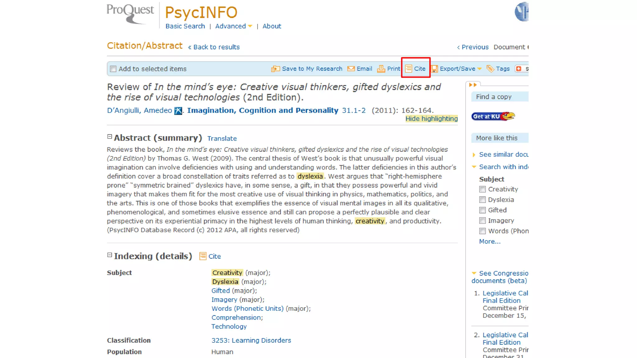 Clicking
“Peer
reviewed”
limits a
search to
only
scholarly
articles.
 