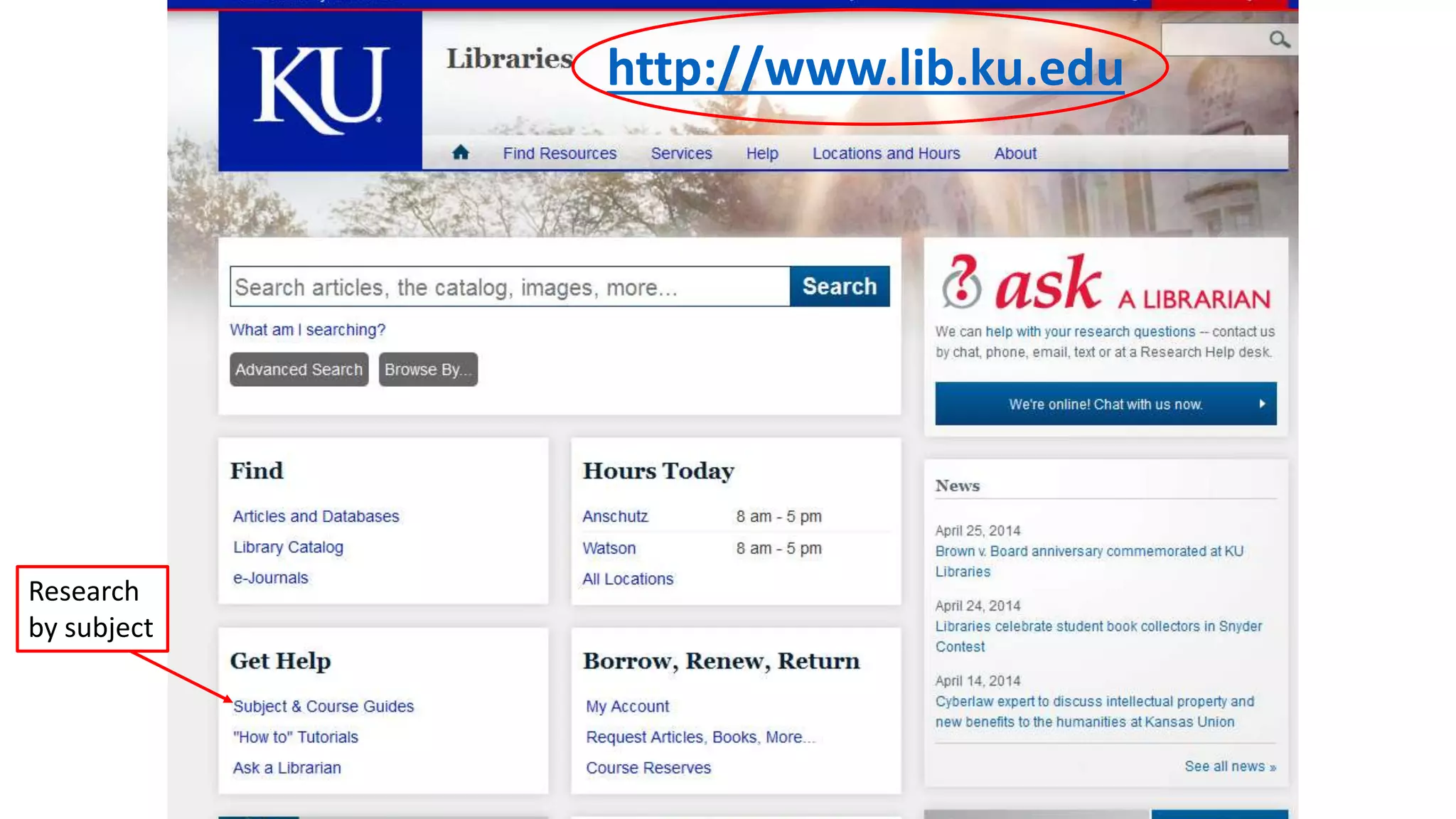 Libraries Homepage
http://www.lib.ku.edu
 
