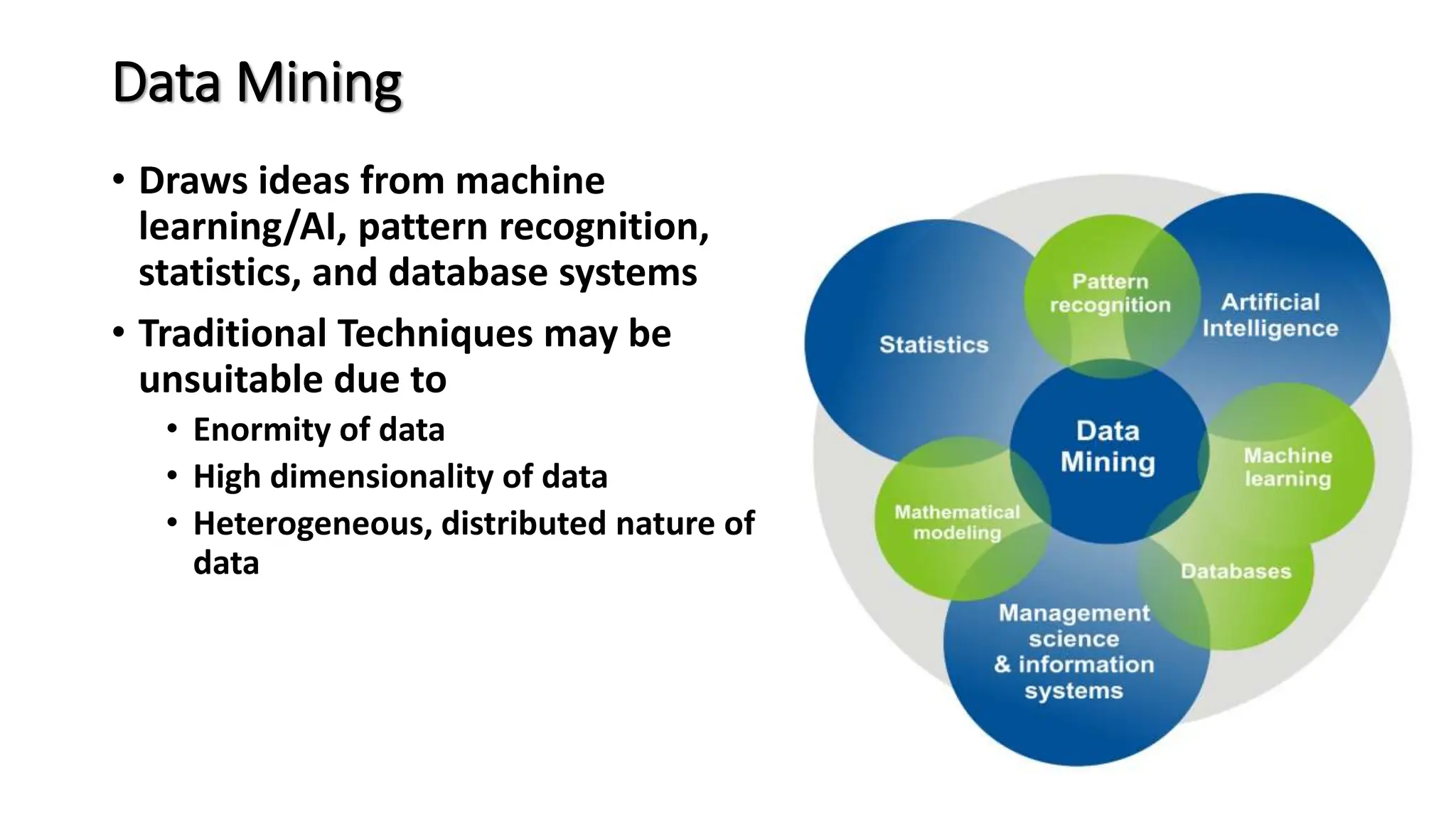 Data Mining
• Draws ideas from machine
learning/AI, pattern recognition,
statistics, and database systems
• Traditional Techniques may be
unsuitable due to
• Enormity of data
• High dimensionality of data
• Heterogeneous, distributed nature of
data
 