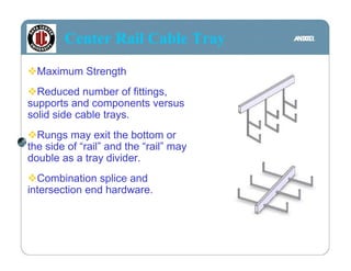 Center Rail Cable Tray
  Maximum Strength
  Reduced number of fittings,
supports and components versus
solid side cable trays.
  Rungs may exit the bottom or
the side of “rail” and the “rail” may
double as a tray divider.
  Combination splice and
intersection end hardware.
 