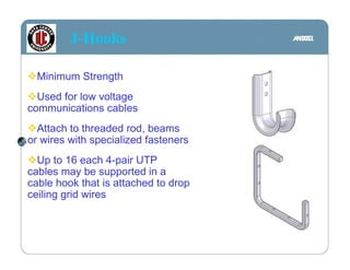 J-Hooks

  Minimum Strength
  Used for low voltage
communications cables
  Attach to threaded rod, beams
or wires with specialized fasteners
  Up to 16 each 4-pair UTP
cables may be supported in a
cable hook that is attached to drop
ceiling grid wires
 