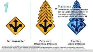 11© 2019 Decision Management Solutions
Decisions Matter Particularly
Operational Decisions
Especially
Digital Decisions
Focusing AI on decision-making dramatically increases the odds of success.
Because operational decisions are made repeatedly and in large numbers, they generate the data you need for AI and repay an investment in an AI Algorithm.
It also turns out that embedding AI into an automated, digital decision is more effective than presenting the results to a human user, so digital decisions are key.
One smarter, automated decision
can be worth millions in terms of
customer acquisition, retention,
and/or operational efficiency
 