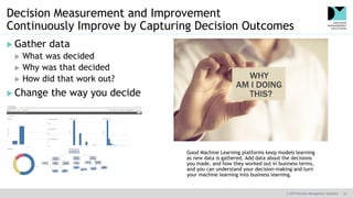 © 2019 Decision Management Solutions 24
Decision Measurement and Improvement
Continuously Improve by Capturing Decision Outcomes
 Gather data
 What was decided
 Why was that decided
 How did that work out?
 Change the way you decide
Good Machine Learning platforms keep models learning
as new data is gathered. Add data about the decisions
you made, and how they worked out in business terms,
and you can understand your decision-making and turn
your machine learning into business learning.
 