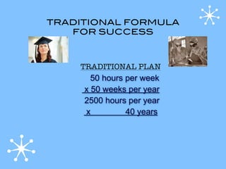 TRADITIONAL FORMULA
   FOR SUCCESS



    TRADITIONAL PLAN
       50 hours per week
     x 50 weeks per year
     2500 hours per year
     x          40 years
 