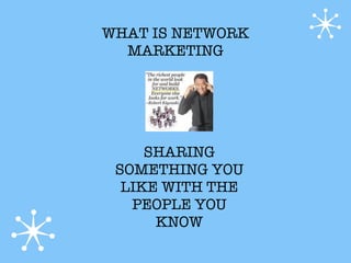 WHAT IS NETWORK
  MARKETING




     SHARING
 SOMETHING YOU
  LIKE WITH THE
   PEOPLE YOU
      KNOW
 