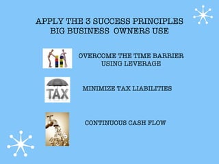 APPLY THE 3 SUCCESS PRINCIPLES
   BIG BUSINESS OWNERS USE

        OVERCOME THE TIME BARRIER
             USING LEVERAGE


         MINIMIZE TAX LIABILITIES




         CONTINUOUS CASH FLOW
 