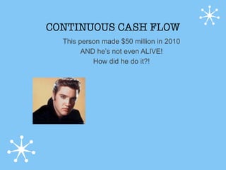 CONTINUOUS CASH FLOW
  This person made $50 million in 2010
        AND he’s not even ALIVE!
           How did he do it?!
 