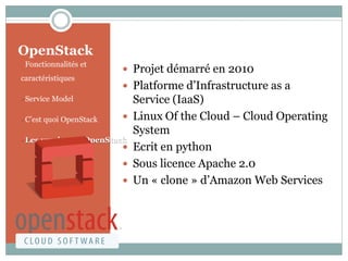 OpenStack
• Fonctionnalités et
caractéristiques
• Service Model
• C’est quoi OpenStack
• Les versions d’OpenStack
 Projet démarré en 2010
 Platforme d’Infrastructure as a
Service (IaaS)
 Linux Of the Cloud – Cloud Operating
System
 Ecrit en python
 Sous licence Apache 2.0
 Un « clone » d’Amazon Web Services
 