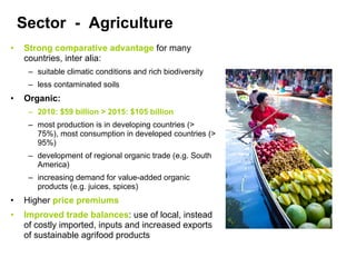 Sector - Agriculture
• Strong comparative advantage for many
countries, inter alia:
– suitable climatic conditions and rich biodiversity
– less contaminated soils
• Organic:
– 2010: $59 billion > 2015: $105 billion
– most production is in developing countries (>
75%), most consumption in developed countries (>
95%)
– development of regional organic trade (e.g. South
America)
– increasing demand for value-added organic
products (e.g. juices, spices)
• Higher price premiums
• Improved trade balances: use of local, instead
of costly imported, inputs and increased exports
of sustainable agrifood products
 