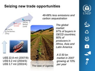Seizing new trade opportunities
US$ 22.8 mil (2007/8)
US$ 6.2 mil (2004/5)
US$ 3.7 mil (2003/4)
48-68% less emissions and
carbon sequestration
The global
market:
97% of buyers in
OECD countries;
80% of
producers in
Africa, Asia and
Latin America
A $ 50 bn
market in 2007
growing at 10%
per year
The case of Uganda
 