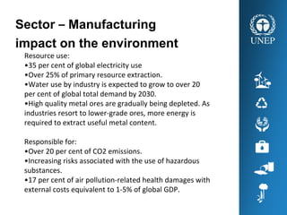 Sector – Manufacturing
impact on the environment
Resource use:
•35 per cent of global electricity use
•Over 25% of primary resource extraction. 
•Water use by industry is expected to grow to over 20 
per cent of global total demand by 2030.
•High quality metal ores are gradually being depleted. As 
industries resort to lower‐grade ores, more energy is 
required to extract useful metal content. 
Responsible for:
•Over 20 per cent of CO2 emissions.
•Increasing risks associated with the use of hazardous 
substances.
•17 per cent of air pollution‐related health damages with 
external costs equivalent to 1‐5% of global GDP.
 