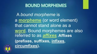BOUND MORPHEMES
A bound morpheme is
a morpheme (or word element)
that cannot stand alone as a
word. Bound morphemes are also
referred to as affixes. Affixes
(prefixes, suffixes, infixes,
circumfixes).
 
