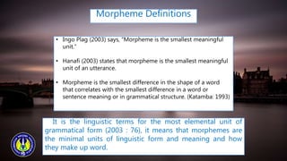 Morpheme Definitions
It is the linguistic terms for the most elemental unit of
grammatical form (2003 : 76), it means that morphemes are
the minimal units of linguistic form and meaning and how
they make up word.
• Ingo Plag (2003) says, “Morpheme is the smallest meaningful
unit.”
• Hanafi (2003) states that morpheme is the smallest meaningful
unit of an utterance.
• Morpheme is the smallest difference in the shape of a word
that correlates with the smallest difference in a word or
sentence meaning or in grammatical structure. (Katamba: 1993)
 