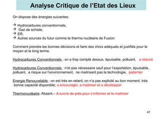 Analyse Critique de l’Etat des Lieux
41
On dispose des énergies suivantes:
 Hydrocarbures conventionnels,
 Gaz de schiste,
 ER,
 Autres sources du futur comme le thermo nucléaire de Fusion
Comment prendre les bonnes décisions et faire des choix adéquats et justifiés pour le
moyen et le long terme.
Hydrocarbures Conventionnels : on a trop compté dessus, épuisable, polluant, a réduire
Hydrocarbures Conventionnels : n’et pas nécessaire sauf pour l’exportation, épuisable,
polluant, a risque sur l’environnement, ne maitrisant pas la technologie, patienter
Energie Renouvelable : on est très en retard; on n’a pas exploité au bon moment, très
bonne capacité disponible; a encourager, a maitriser et a développer
Thermonucléaire: Absent.– A suivre de prés pour s’informer et le maitriser
 