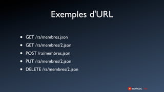 Exemples d'URL

•   GET /ra/membres.json

•   GET /ra/membres/2.json

•   POST /ra/membres.json

•   PUT /ra/membres/2.json

•   DELETE /ra/membres/2.json
 