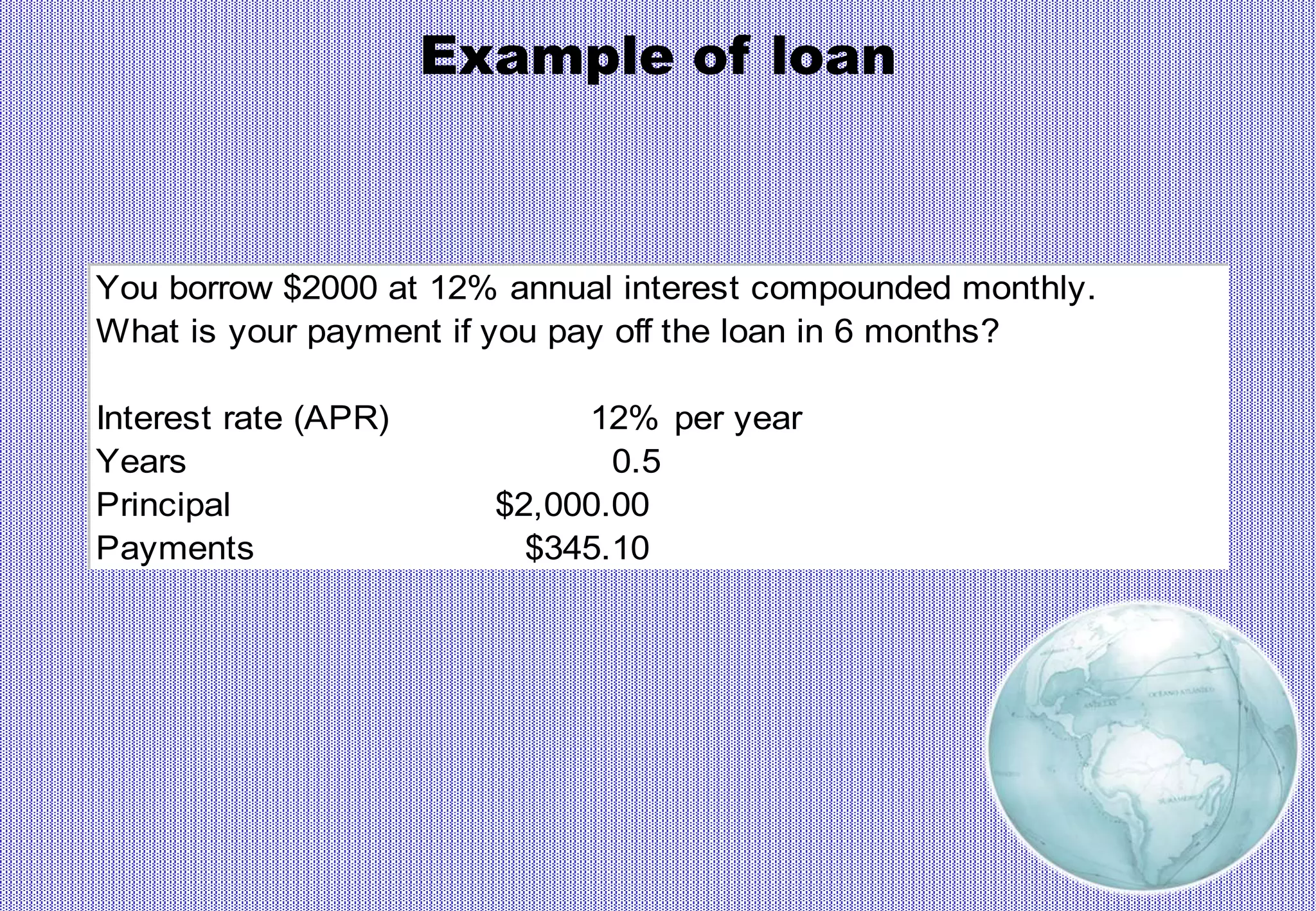 Example of loan
You borrow $2000 at 12% annual interest compounded monthly.
What is your payment if you pay off the loan in 6 months?
Interest rate (APR) 12% per year
Years 0.5
Principal $2,000.00
Payments $345.10
 
