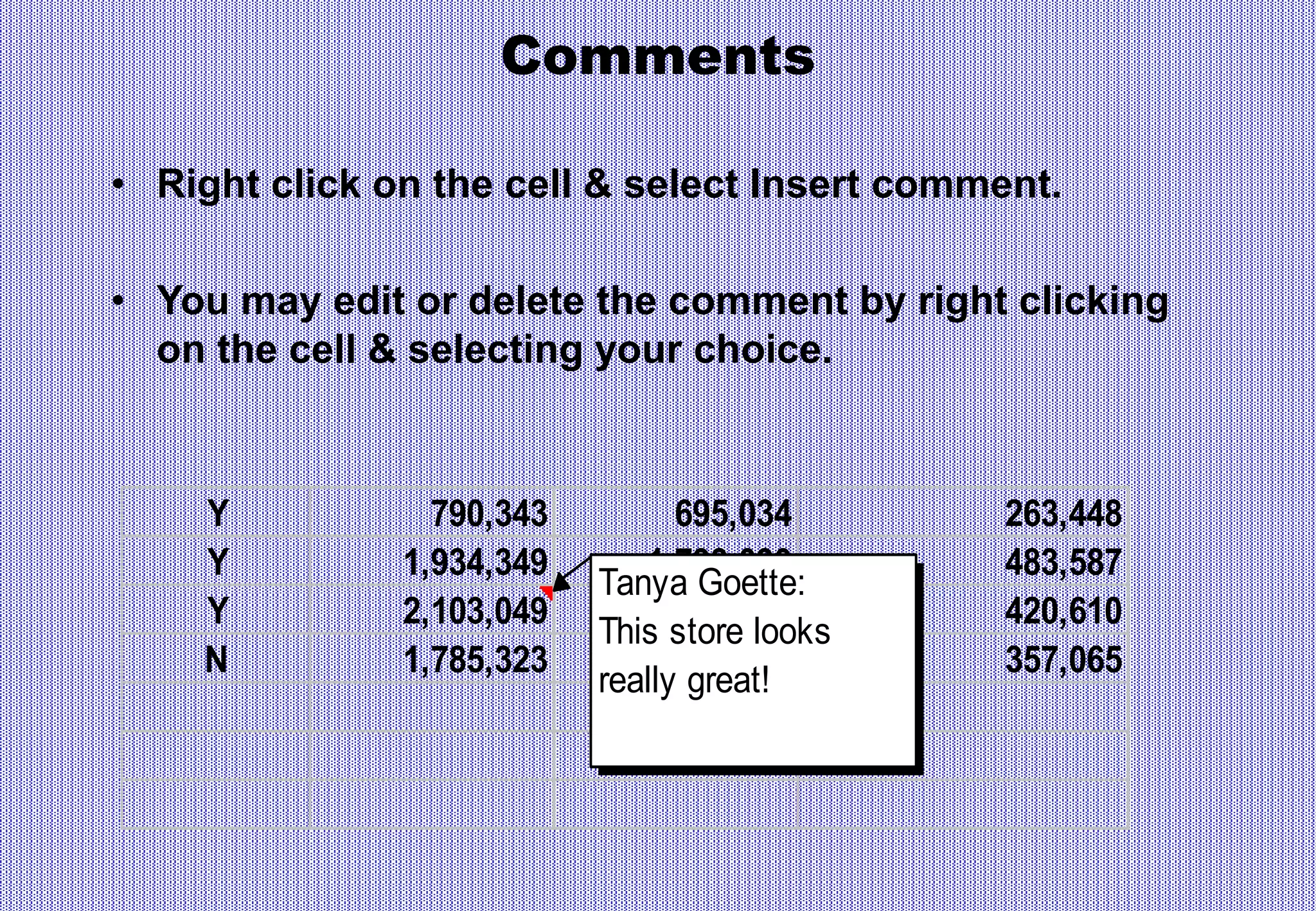 Comments
• Right click on the cell & select Insert comment.
• You may edit or delete the comment by right clicking
on the cell & selecting your choice.
Y 790,343 695,034 263,448
Y 1,934,349 1,793,090 483,587
Y 2,103,049 2,001,304 420,610
N 1,785,323 1,593,032 357,065
Tanya Goette:
This store looks
really great!
 