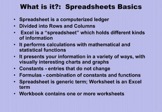 What is it?: Spreadsheets Basics
• Spreadsheet is a computerized ledger
• Divided into Rows and Columns
• Excel is a “spreadsheet” which holds different kinds
of information
• It performs calculations with mathematical and
statistical functions
• It presents your information in a variety of ways, with
visually interesting charts and graphs
• Constants - entries that do not change
• Formulas - combination of constants and functions
• Spreadsheet is generic term; Worksheet is an Excel
term
• Workbook contains one or more worksheets
 