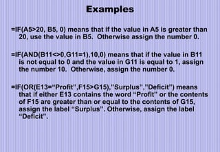 Examples
=IF(A5>20, B5, 0) means that if the value in A5 is greater than
20, use the value in B5. Otherwise assign the number 0.
=IF(AND(B11<>0,G11=1),10,0) means that if the value in B11
is not equal to 0 and the value in G11 is equal to 1, assign
the number 10. Otherwise, assign the number 0.
=IF(OR(E13=“Profit”,F15>G15),”Surplus”,”Deficit”) means
that if either E13 contains the word “Profit” or the contents
of F15 are greater than or equal to the contents of G15,
assign the label “Surplus”. Otherwise, assign the label
“Deficit”.
 