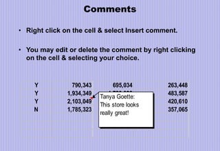 Comments
• Right click on the cell & select Insert comment.
• You may edit or delete the comment by right clicking
on the cell & selecting your choice.
Y 790,343 695,034 263,448
Y 1,934,349 1,793,090 483,587
Y 2,103,049 2,001,304 420,610
N 1,785,323 1,593,032 357,065
Tanya Goette:
This store looks
really great!
 