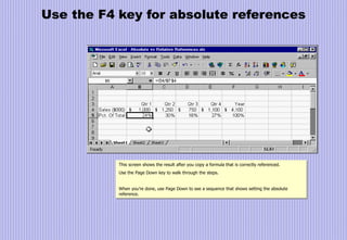 Use the F4 key for absolute references
This screen shows the result after you copy a formula that is correctly referenced.
Use the Page Down key to walk through the steps.
When you’re done, use Page Down to see a sequence that shows setting the absolute
reference.
 